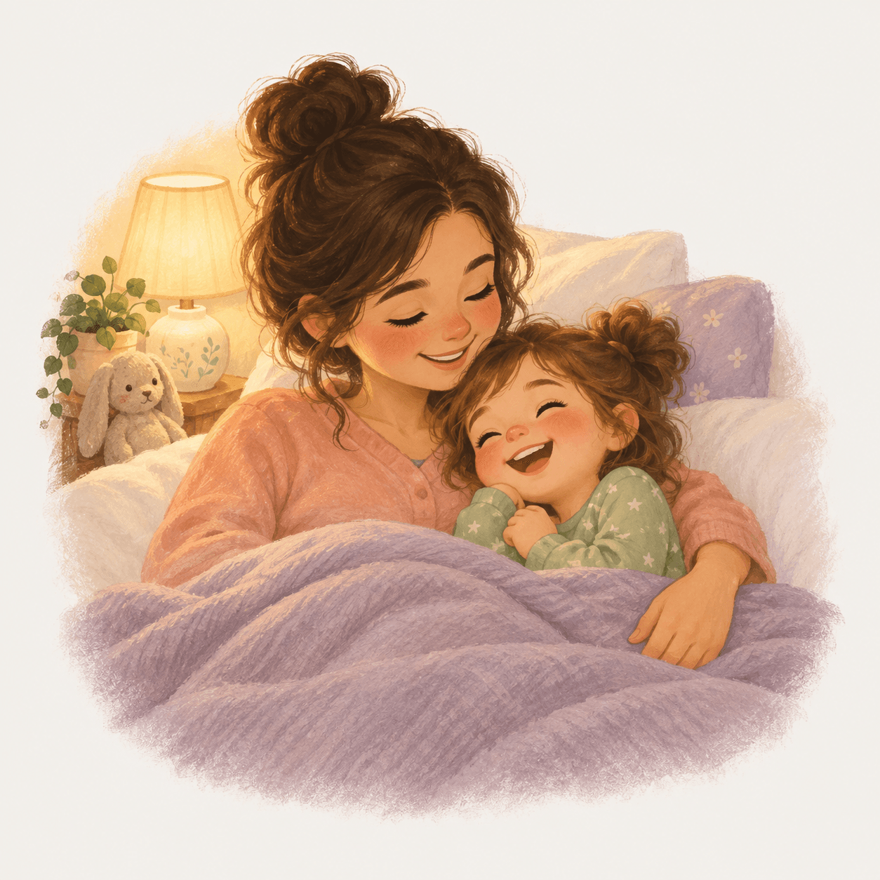 A parent and child sharing a happy bedtime cuddle under a lavender blanket